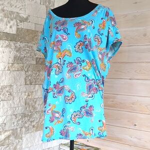 Woman Within Short Sleeve Tunic Top Size 26/28 2X, Boho Aqua Paisley Print EUC